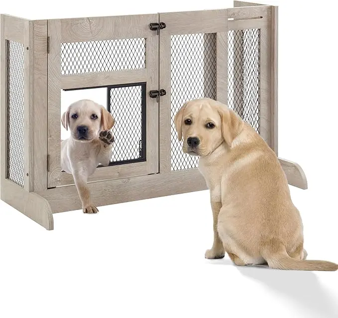 Adjustable 33.3-41.6 Inches Wide Modern Furniture Style Freestanding Wooden Dog Gate Barrier Indoor Pet Gate Panels