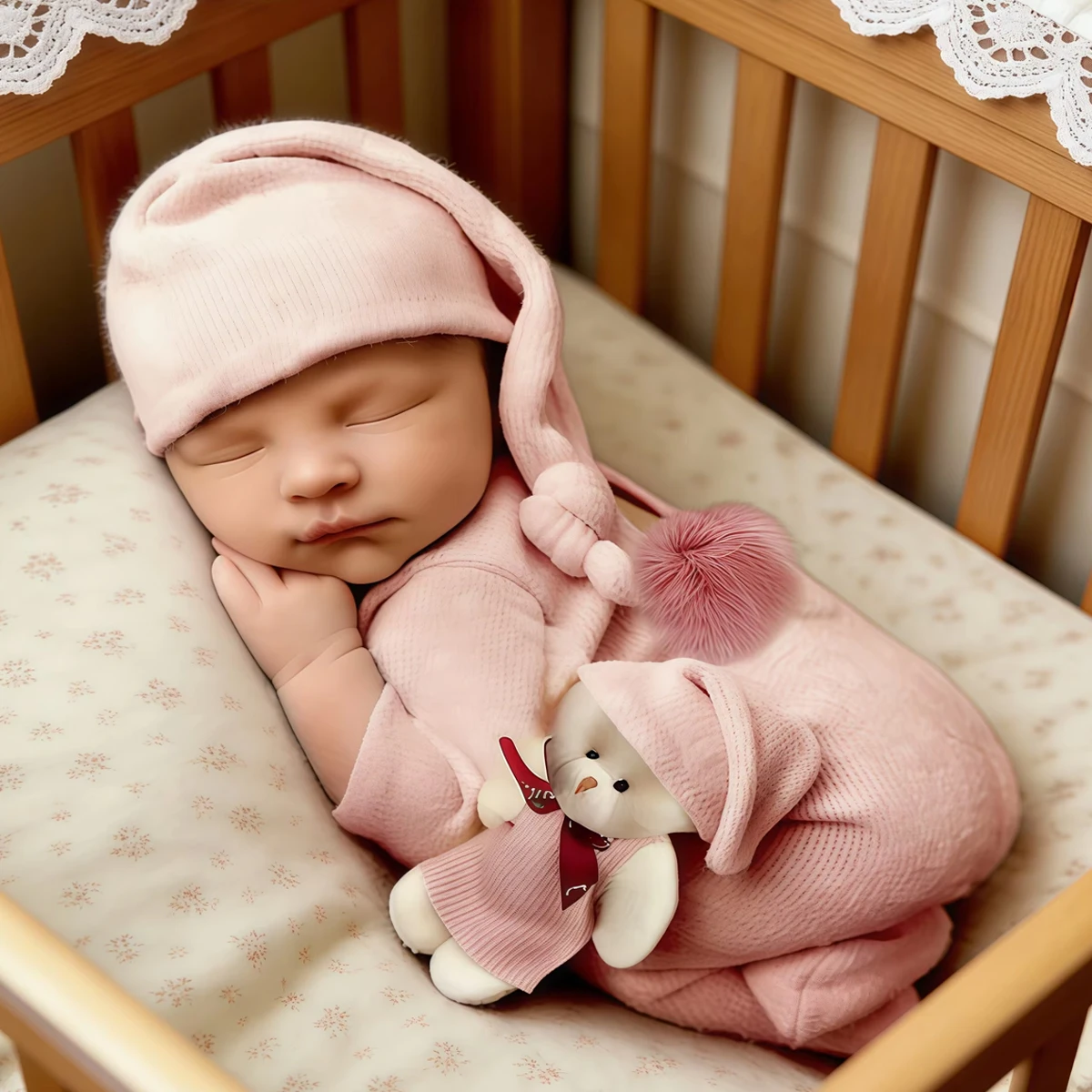 Ylsteed 3 Pieces Set Newborn Jumpsuit Tail Pom Hat Set with Mini Doll Pink Baby Photography Outfit New born Girl Photo Props-HD