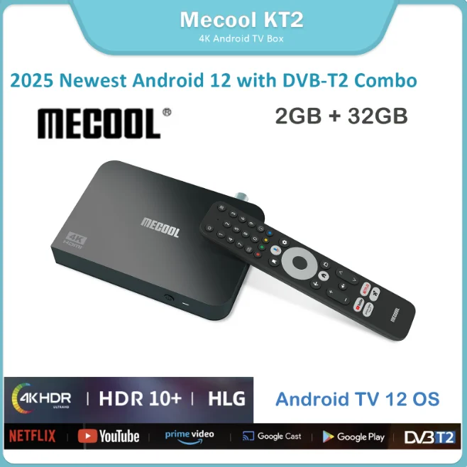 [Genuine] Newest MECOOL KT2 DVB-T2 TV Box Best Android12 Smart TV Box Google Netflix Certified ATV 100M 4K WIFI 2.4G/5G 2T2R DVB