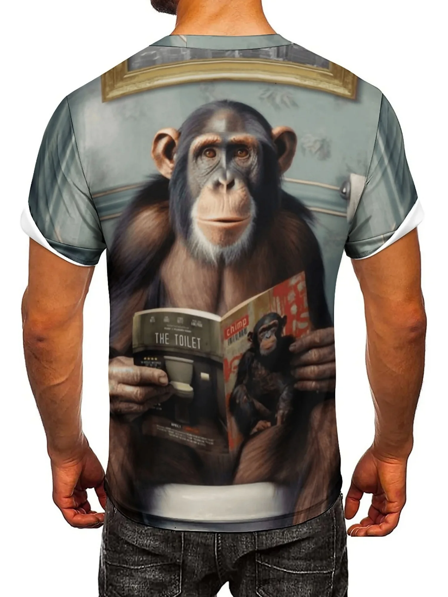 Men's Hip Hop Funny Monkey Reading 3D Graphic T-Shirt - Bold Geometric Print Loose Fit Plus Size Casual Streetwear, Breathable