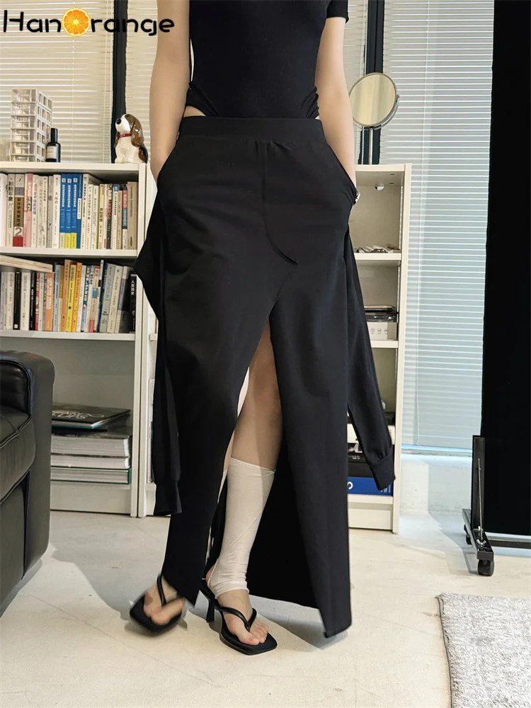 

HanOrange 2026 Summer Structural Waist Sleeve Tie-Up Midi Skirt Wraparound Long Skirt Black/Gray