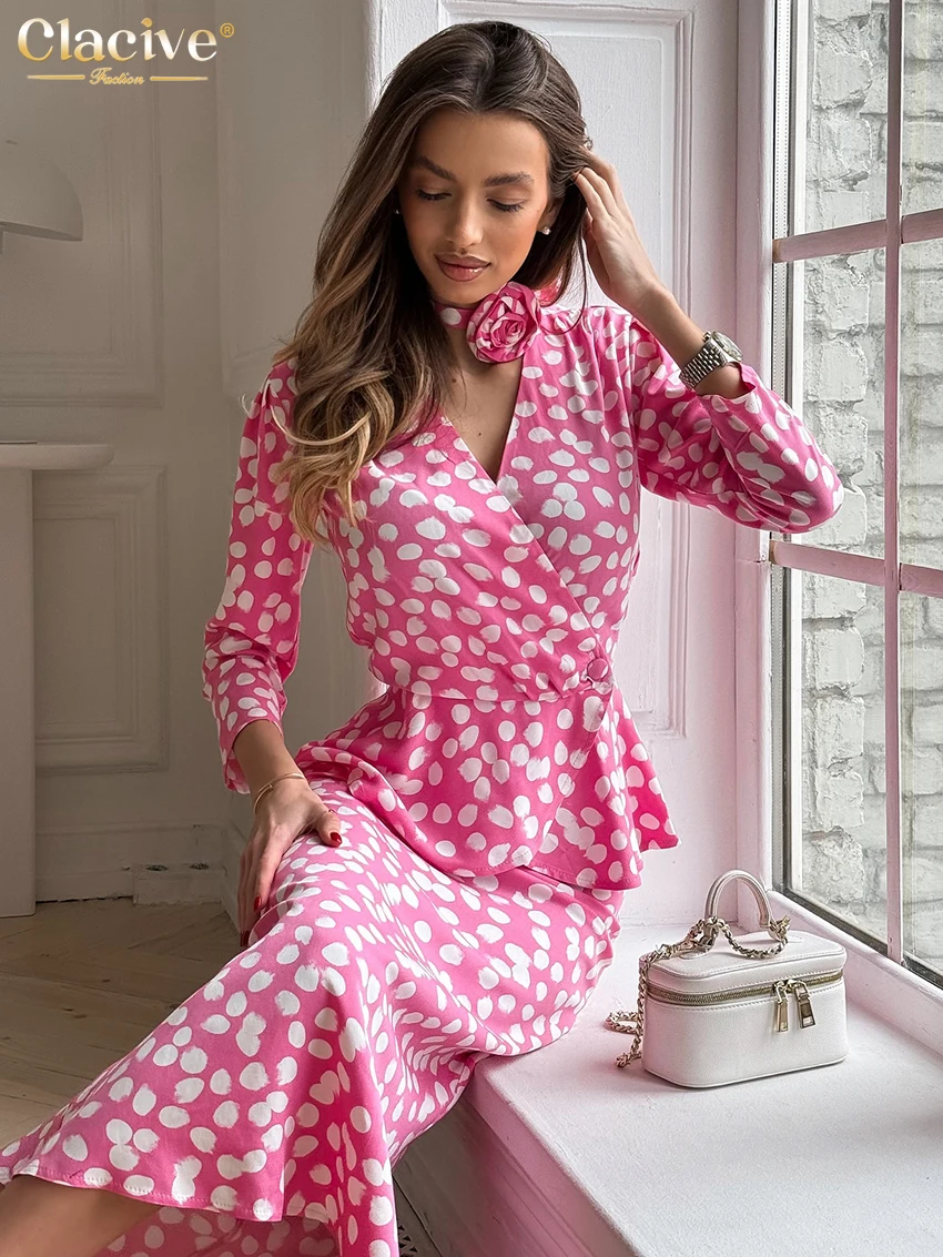 Clacive Pakaian Set 2 Potong Wanita Gambar Cetak Longgar Fashion Kemeja Lengan Panjang Elegan dengan Set Rok Panjang Pinggang Tinggi Pakaian Wanita