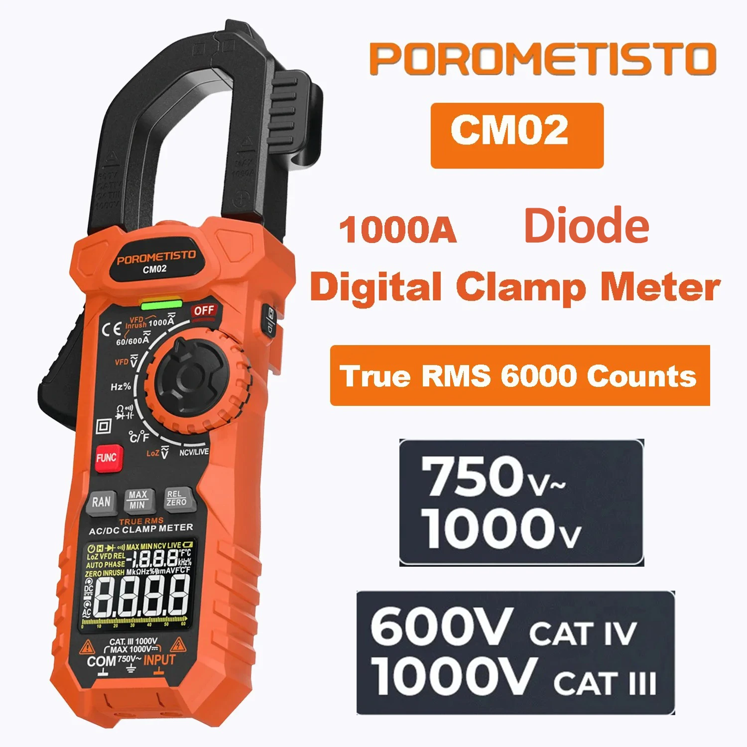 POROMETISTO CM02 cyfrowy miernik cęgowy 1000A Tester napięcia 6000 zlicza prąd AC/DC True RMS woltomierz NCV/dioda/wykrywacz zera