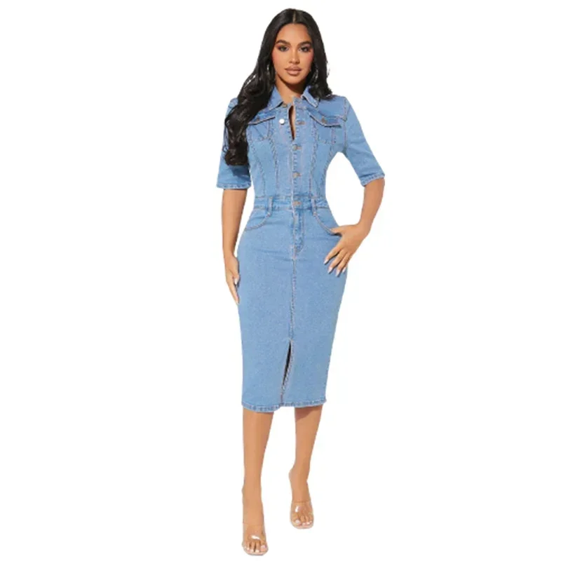 Women Button Half Open Wrap Hip Dresses Splicing Multi-pockets Lapel Half-sleeve Denim Dress Slim Fit Stretch Female Office Gown