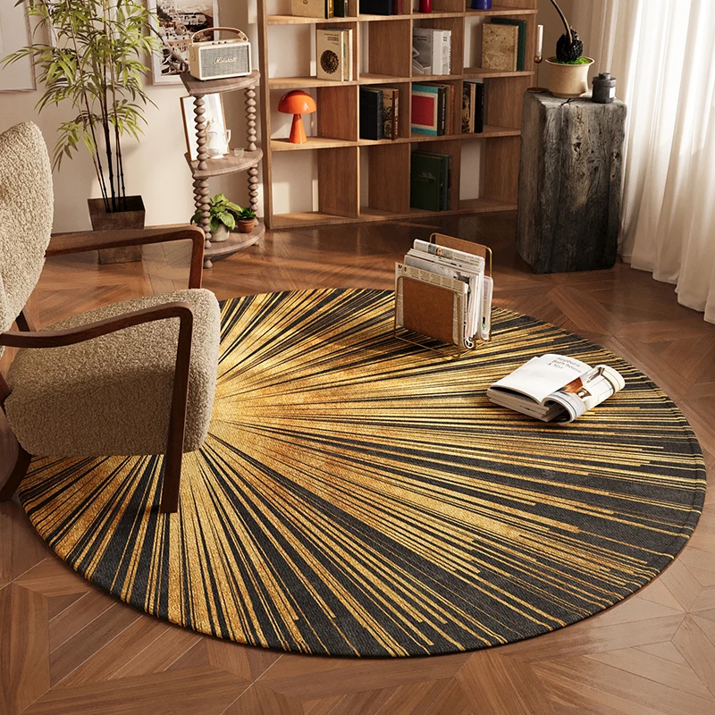 Artistic Round Rug Eye Catching Golden Line Abstract Design Floor Mat Popular Home Decoration Piece for Living Area Bedroom