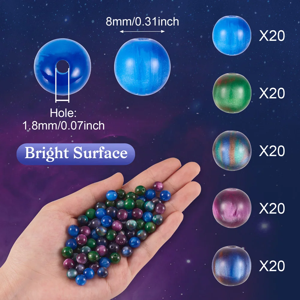 100pcs 8mm Galaxy System Round Resin Beads Opaque Sparkling Spacer Beads for Women Bracelet Necklace Earrings Jewelry Making DIY