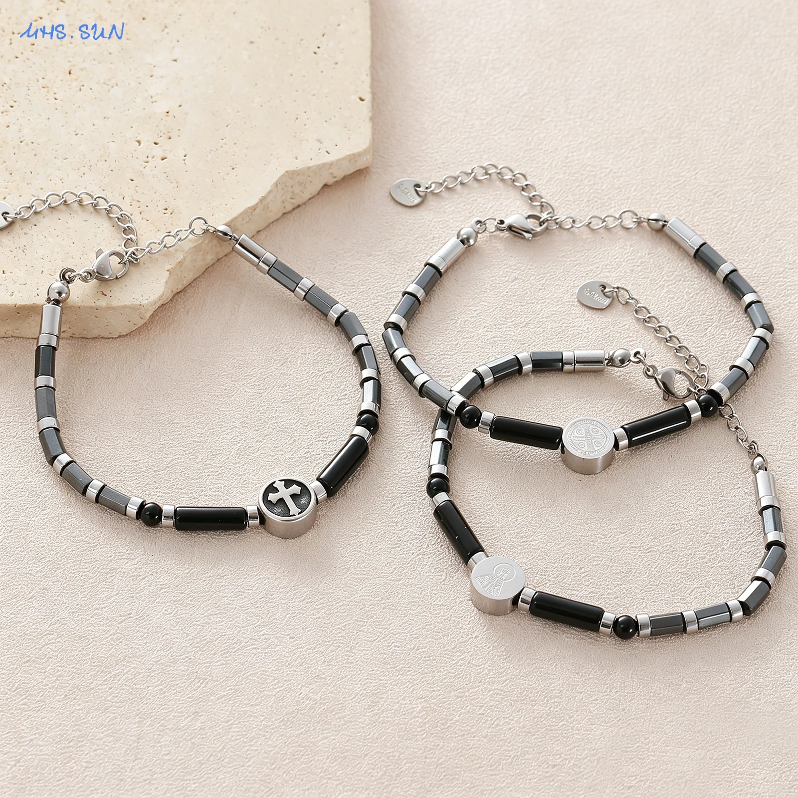 

MHS.SUN Fashion Stainless Steel Round Cross Chain Bracelets Natural Stone Beaded Bracelet for Women Men Religious Jewelry Gift