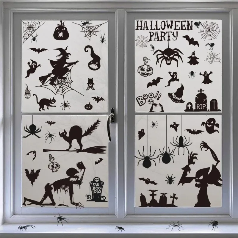 Halloween Horror Wall Decoration Window Sticker Ghost Bat Spider Double Sided Static Glass Window Sticker Halloween Decoration