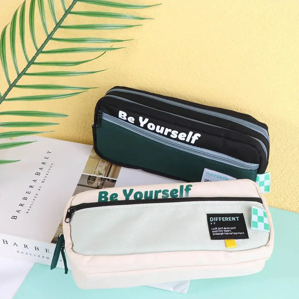Canvas Double Zippers Pencil Case Dirt Resistant Organizer Storage Pencil Bag Korean Style Multi Layer Cartoon Pencil Cases
