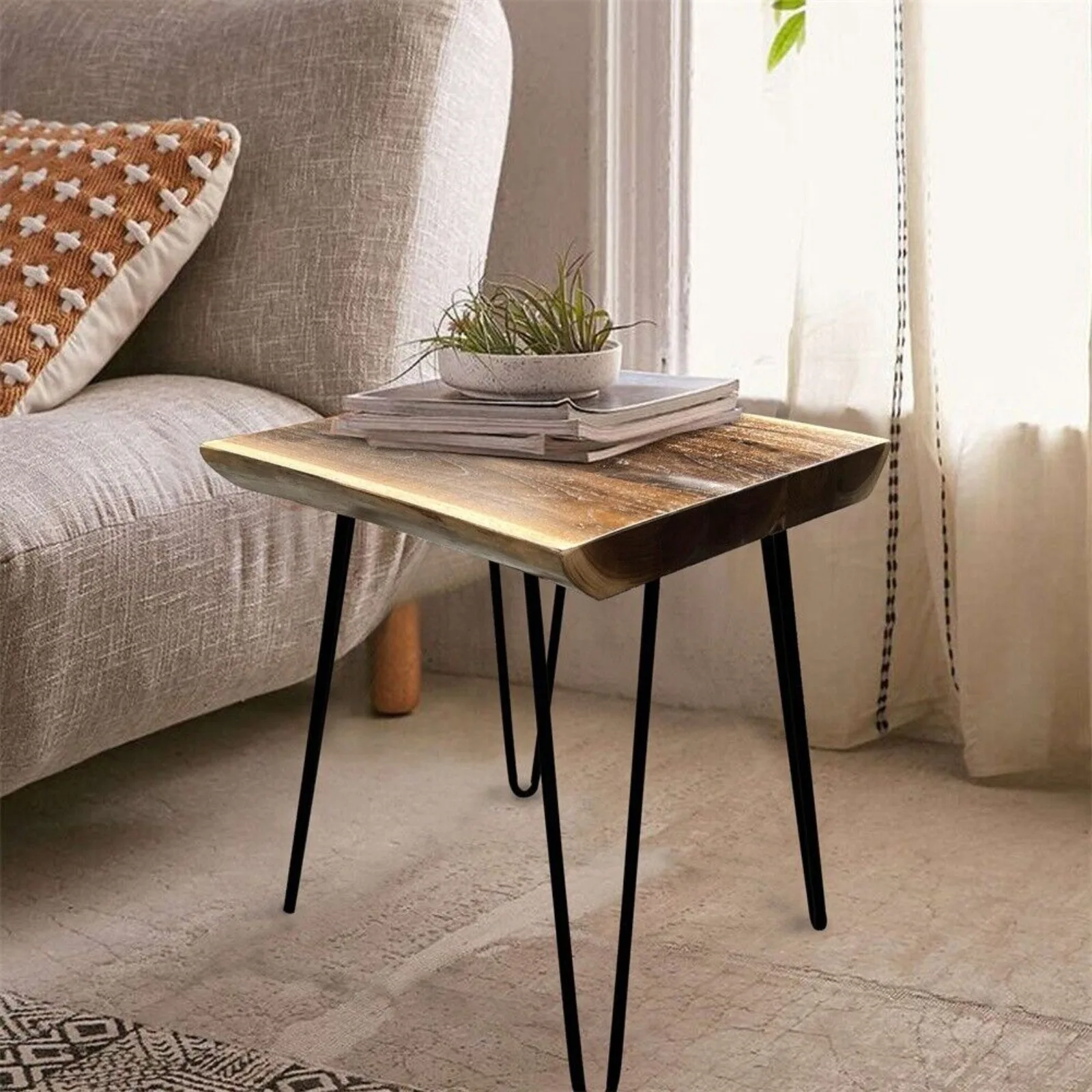 US Natural Teak Wood Square End Side Table with Hairpin Legs 20.9