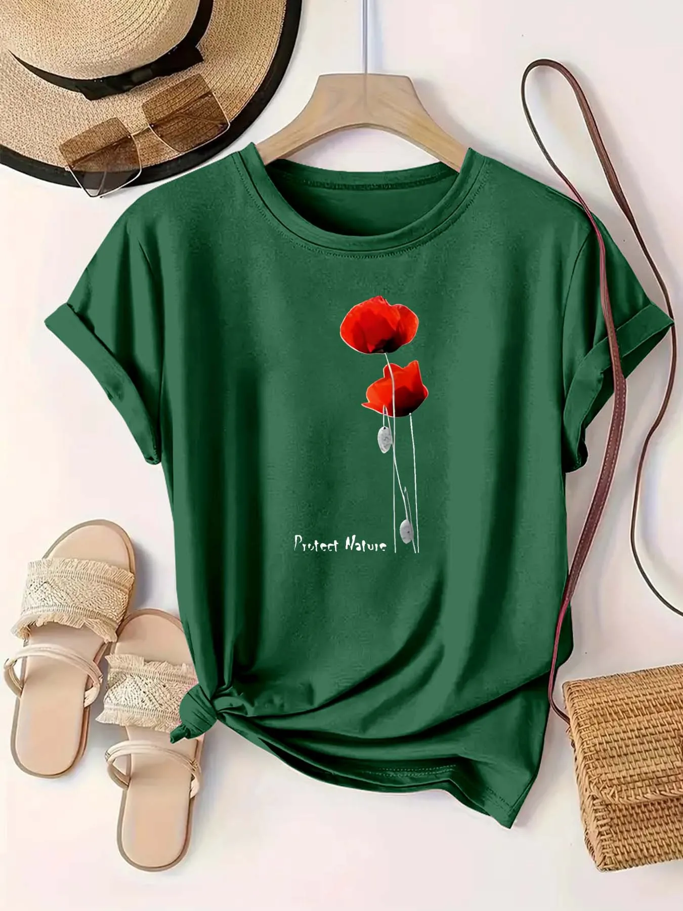 Plus Size Red Round Neck T - Shirt with Poppy themed Print and 'Protect Nature' Slogan: Vivid - eco friendly and Nature inspired
