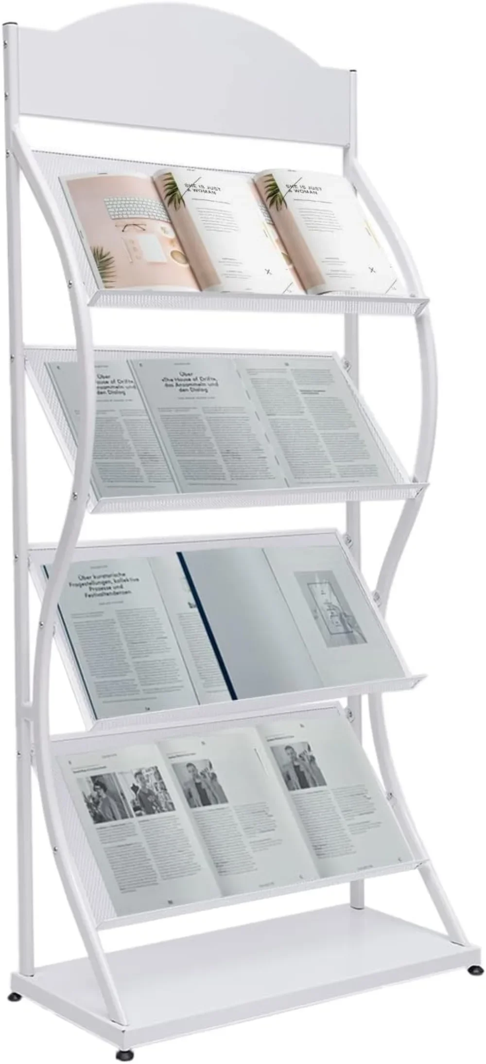 Floor-Standing Magazine Rack, 4-Layer Floor Literature Organizer Rack, 4-Layer Iron Magazine Rack with Advertising Board(White)