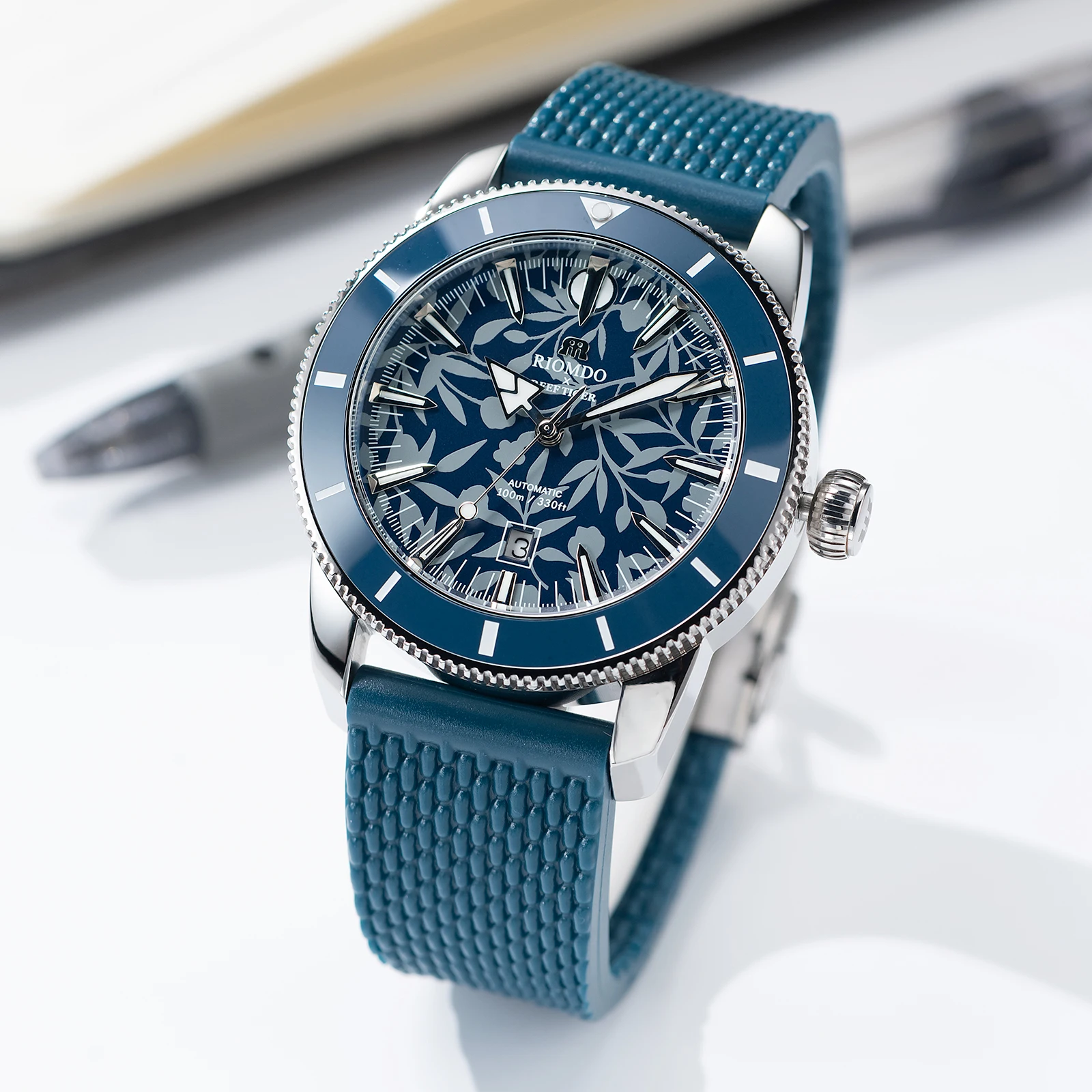 RIOMDO & RF Men's Mechanical Automatic Watch with Floral Blue Dial Luminous Hands 50m Waterproof Silicone Strap Sport Watch RD-6