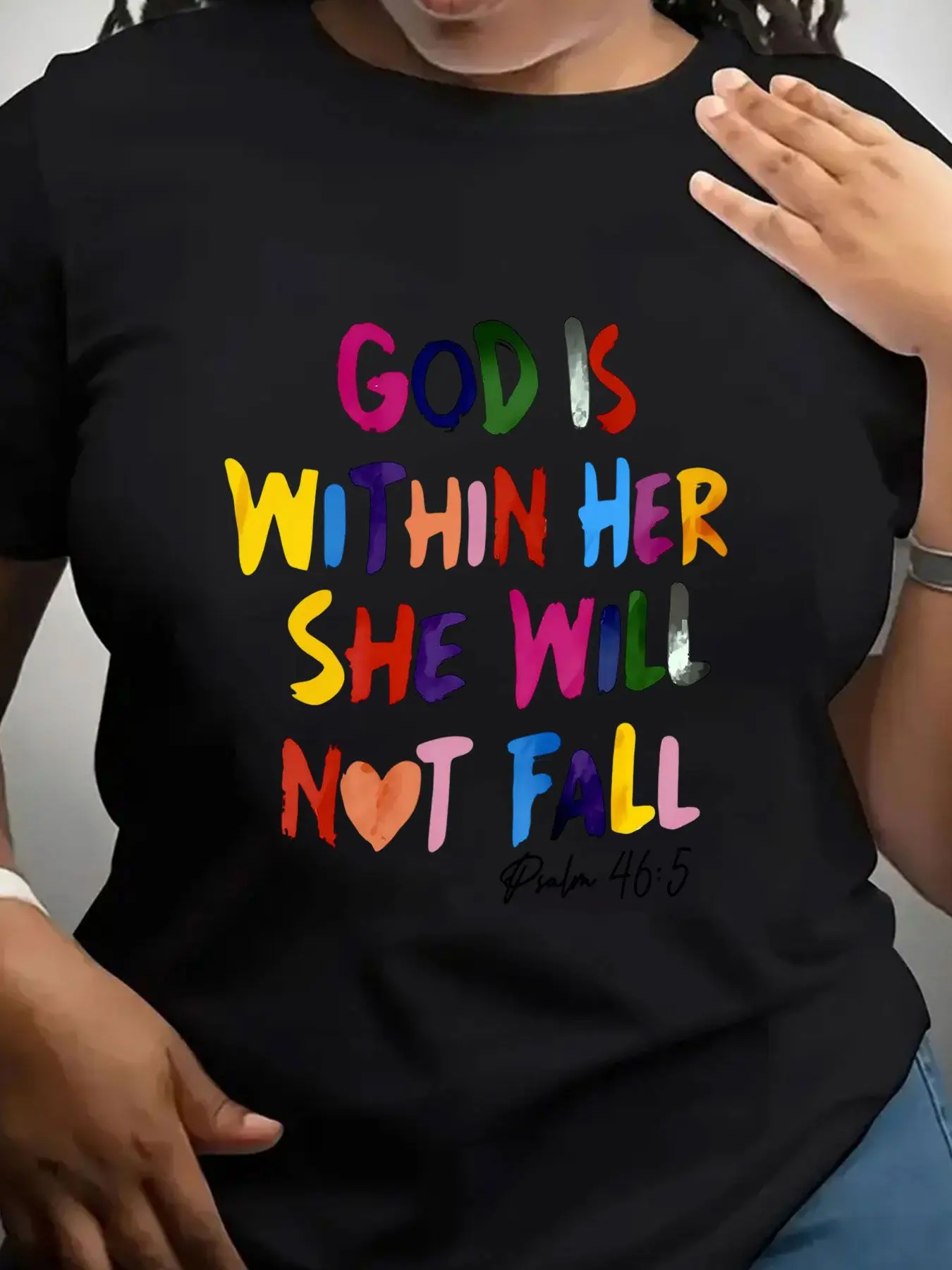 Women's Trendy Crew Neck T-Shirt God Is Within Her She Will Not Fall Psalm Forty Six Five Suitable for Casual Sportswear