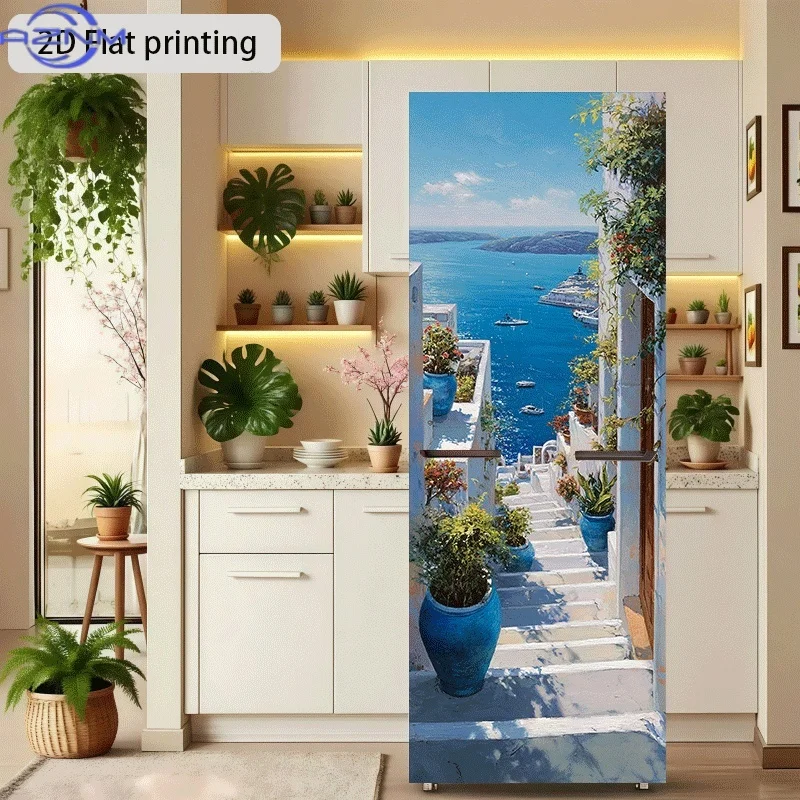 2D Flat Printing 1 Large-Sized Refrigerator Sticker  Santorini Ladder Scene Themed Design, Self-Adhesive Wall Decal Wallpaper,