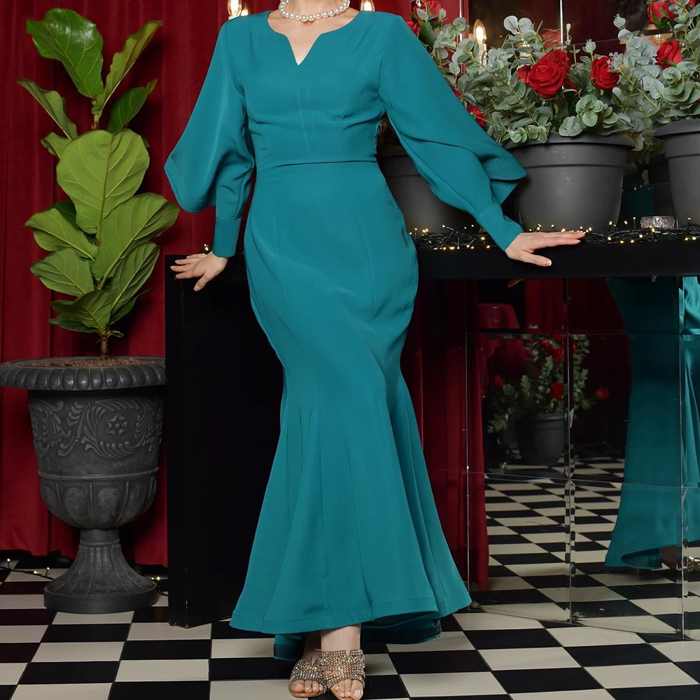 

Customized Jersey Mermaid Evening Dress Long Sleeves V-Neck Floor Length Panel Train Solid Color Formal Vestidos para mujer