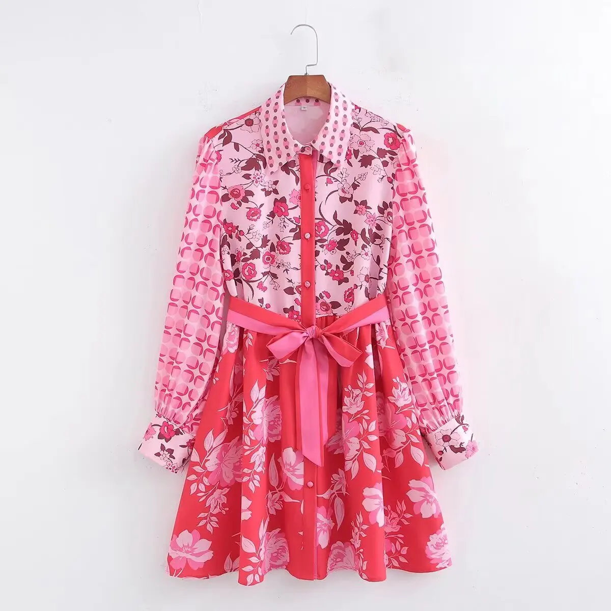 Ele imprimé col ceinturé Dr automne nouveau Sle femmes Faion Design taille haute a-ligne jupe en Fiber de Polyester