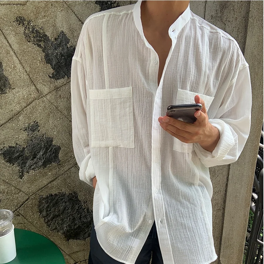 Beach Long Sleeve Linen Shirt, Men\'s Solid Color Loose, South Korea Popular Leisure Linen Shirt, Travel & Outdoor Wear