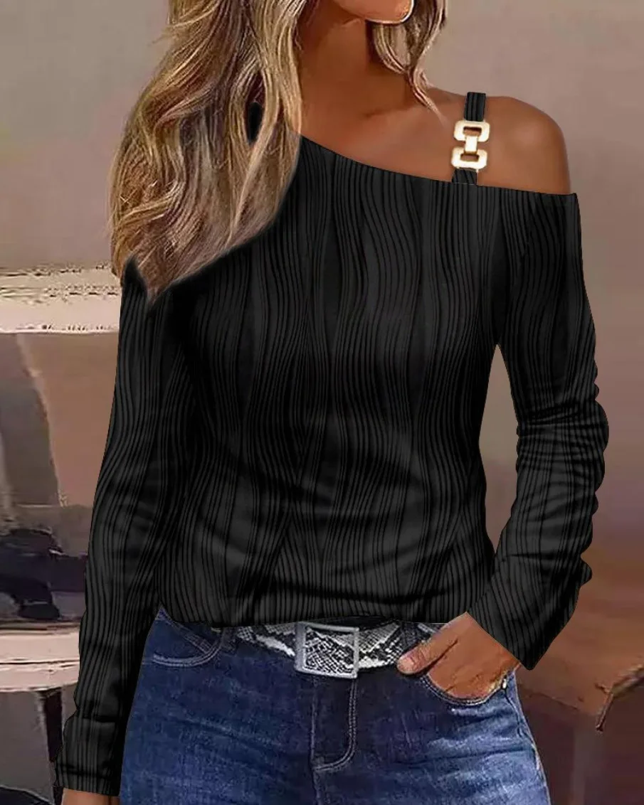 Camisa con hombros descubiertos y cadena para mujer, blusa informal de manga larga con estampado para mujer, Top con cuello oblicuo para oficina 2023