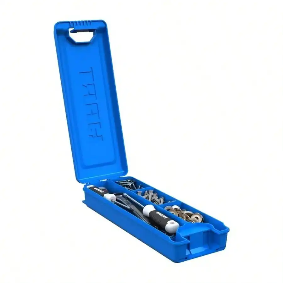 Cassetta degli attrezzi impilabile con piccolo organizer blu e divisori per sistema di archiviazione modulare