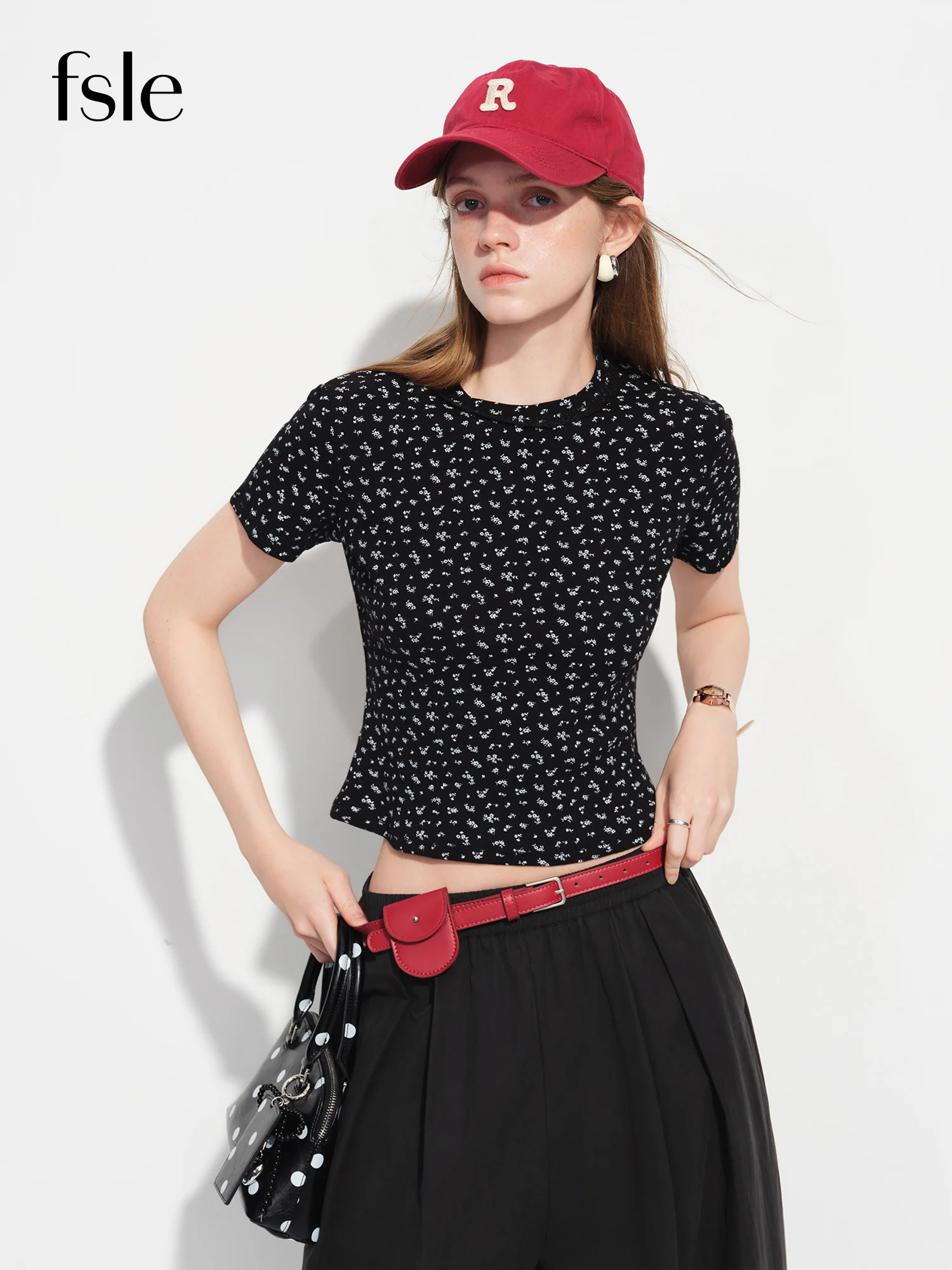 FSLE Simple and Versatile Slim Fit Pique Knit Short-sleeved T-Shirt for Women Spring 2026 New Arrival Cotton Slim Fit T-shirts