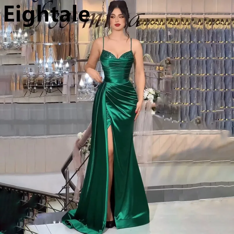 

Eightale 2024 Green Satin Prom Dress Spaghetti Straps Slit Evening Dress Women Formal Party Gown Robes De Soirée