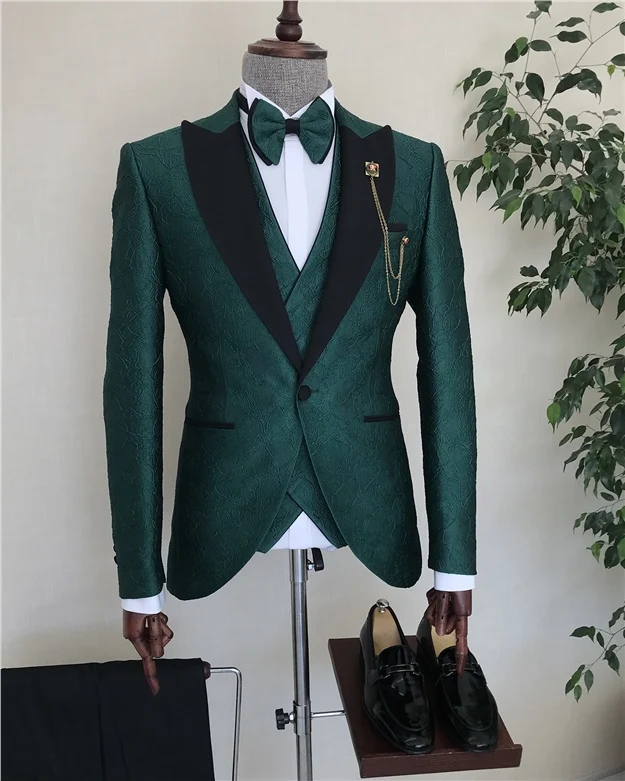 Tailor made man\'s Suit For Men Wedding Jacquard Green Blazer Set 3 Piece Slim Fit Costume Homme Custom Made Groom\'s Jacket Set