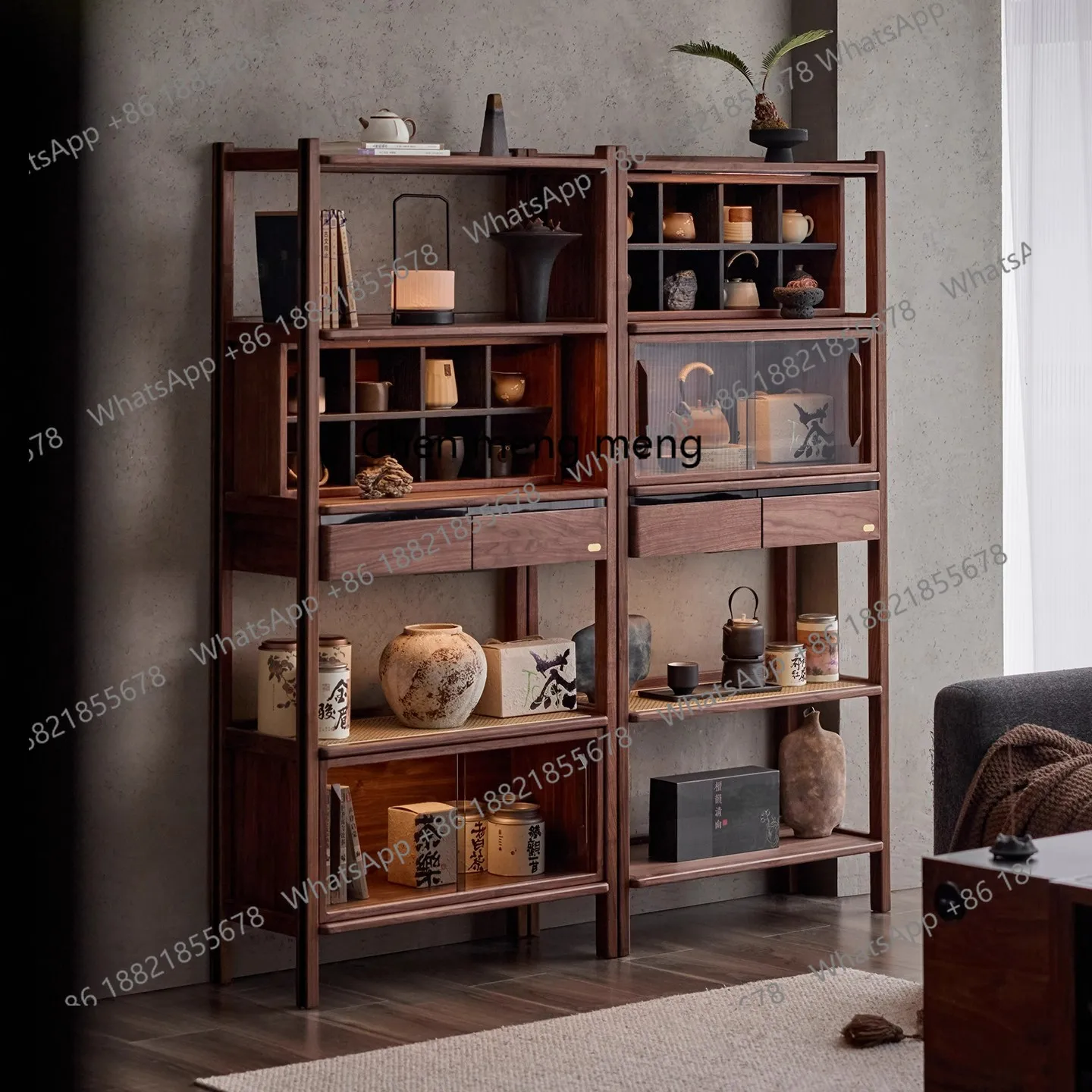 Walnut Solid Wood Combination Bogu Rack Multifunctional Tea Room Display Cabinet Tea Set Storage Rack Living Room Bookshelf