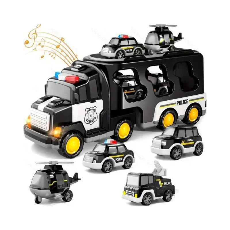 5 in 1 inertial double-deck police vehicle toy toddler friction power transport truck police carrier truck toy with lights music