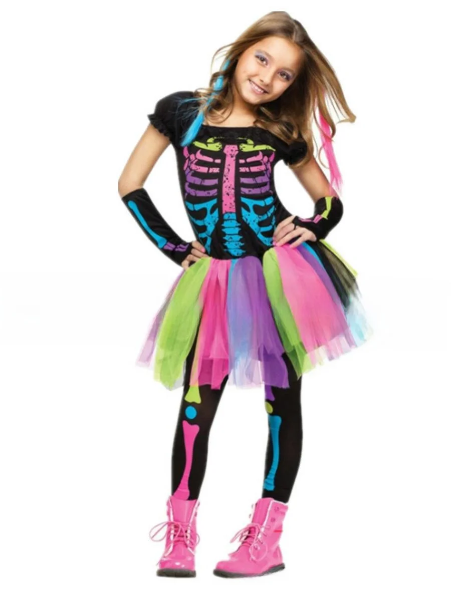 

New loween Children's Girl Performance Costume Skeleton Skirt Stage Performance Polyester Spring Seasonal Wear