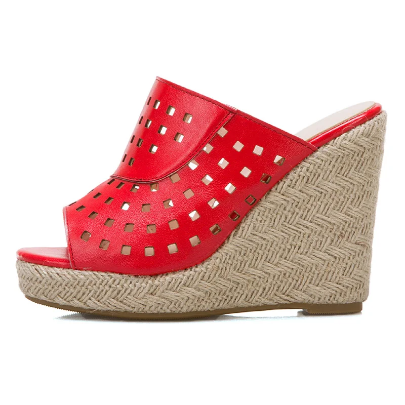 

Женские шлепанцы на платформе с вырезами, туфли-лодочки на танкетке, летние сандалии для женщин, вязаные туфли на танкетке с открытым носком, большой размер 45,