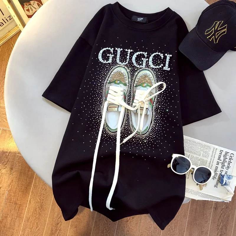 2026Summer New Women Heavy Crafted Short Sleeve Tshirt Korean Edition Casual Loose Fashion Versatile Mid To Long Half Sleevetops