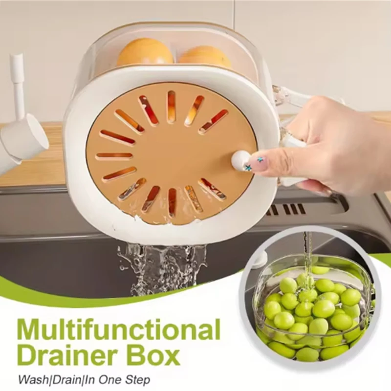 Fruit Drainer Basket - Hidden Folding Handle,Dust-Proof Drain Switch Expandable 2-In-1 Thickened Dewatering Dishwashing Basket
