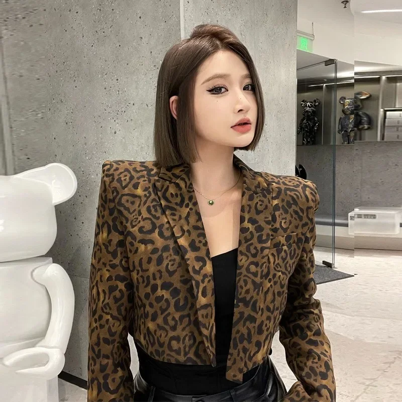 2025 Women Clothes Sexy Fashion Blazer Long Sleeve Suit Jacket Tunic Leopard Print Cropped Tops Y2k Coat Korean Ropa Mujer