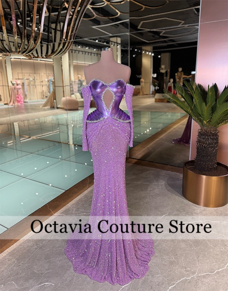 

Saudi Arabic Sparkly Lavender Sequins Purple Evening Dress 2025 For Black Girl Lace Long Sleeve Rhinestones Birthday فستان وردي