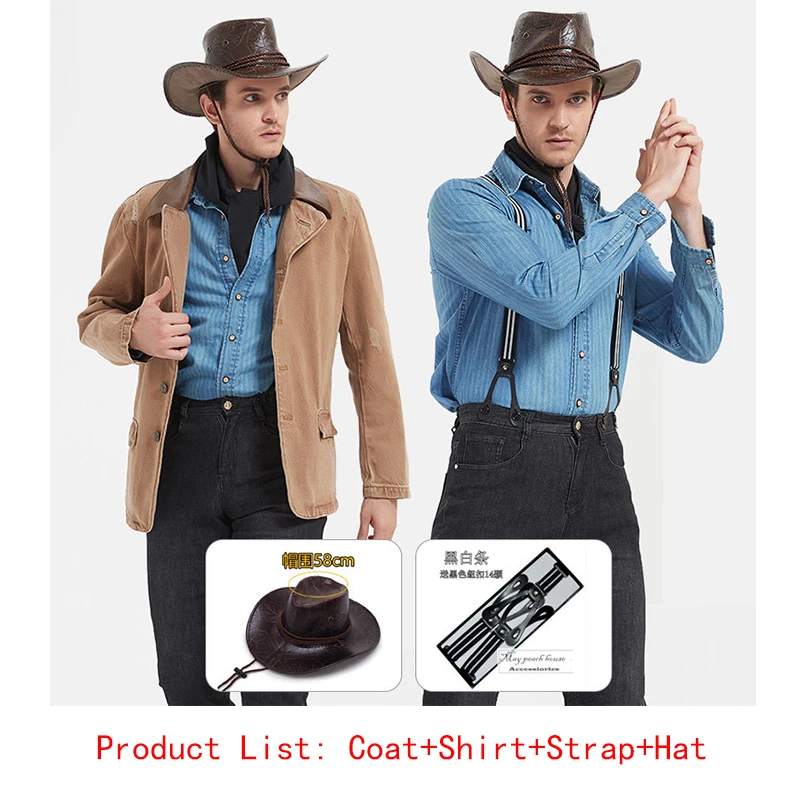 TV Arthur Morgan cosplay set heren western-stijl denim cosplay kostuum bruine jas blauw shirt fantasie verkleedcadeau - afbeelding 1
