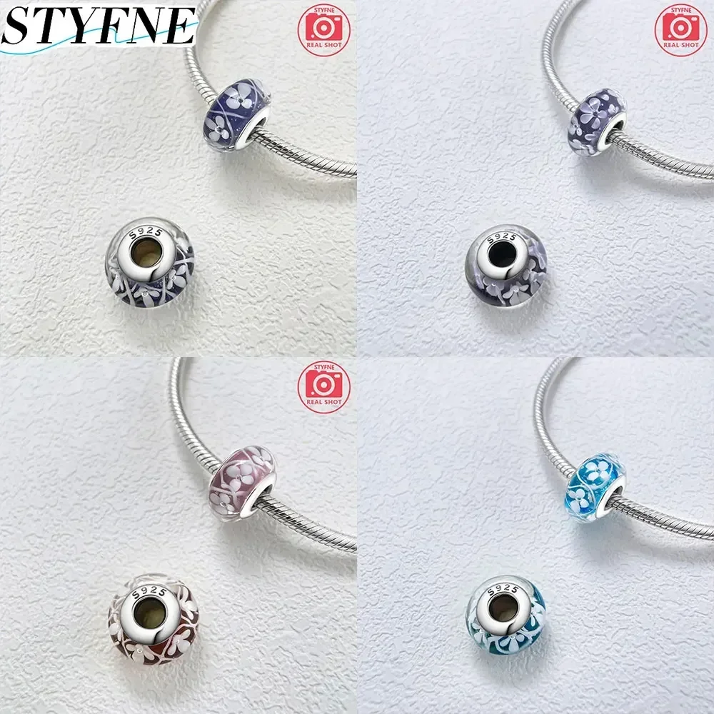 New Sterling Silver 925 Shiny Glowing Cute Pink Flowers Murano Original Glass Bead Original Bracelet DIY Fashion Women\'s Jewelry