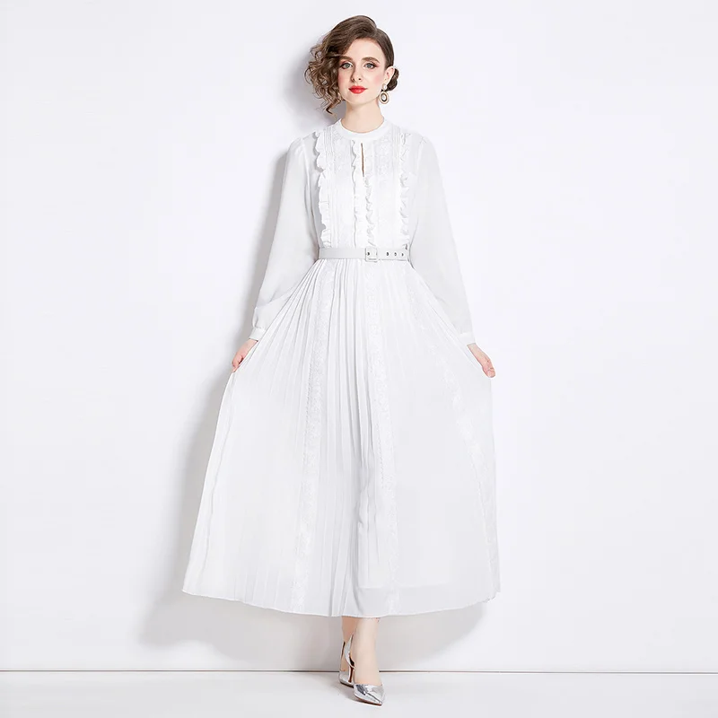 

Runway Fashion Spring Party White Elegant Long Dress Women Long Sleeve Big Swing Dress