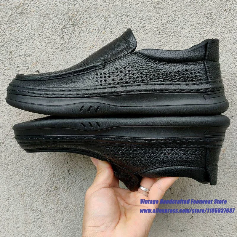 Black Cowhide Slip-On Loafers Breathable Hollow Out Thick Sole Non-Slip Leather Casual Shoes Vintage Handcrafted Men's Shoes