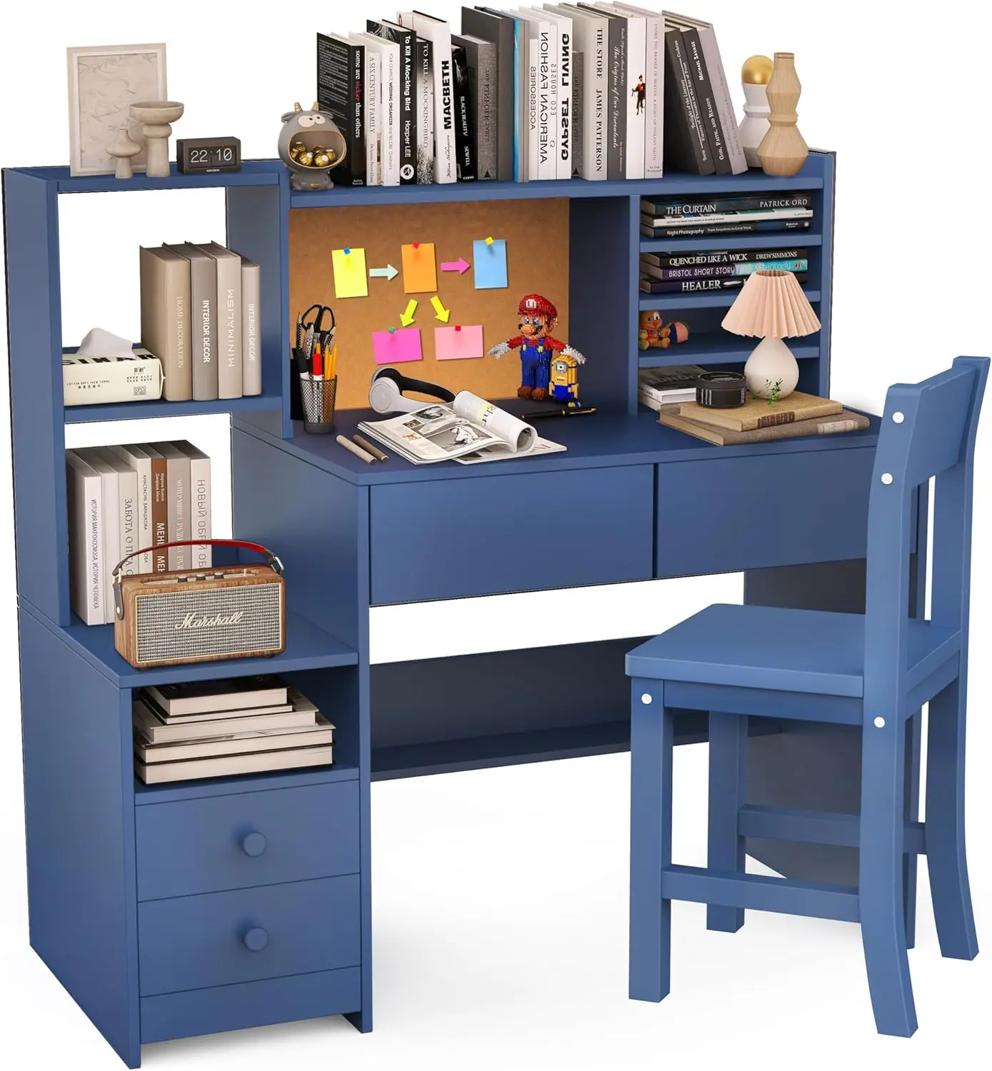 Table with Storage ShelfF,Childrens Computer Desk with 4 Drawers,Blue Kids Desk and Chair Set for