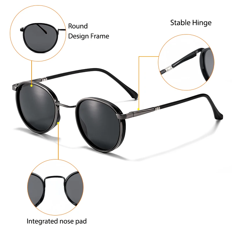 CATERSIDE Polarisierte runde Sonnenbrille für Herren, Hip-Hop-Stil, Metallrahmen, Federscharnier, Sonnenbrille für Damen, zum Fahren, Angeln, UV400 – Detail 8