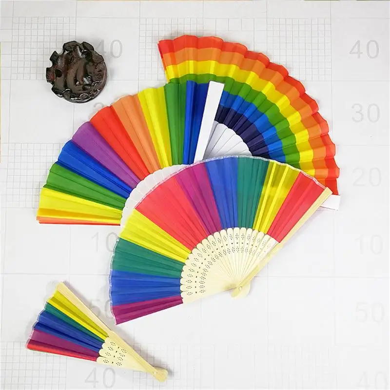 Decorative Fans Oriental Fan Rainbow Hand Held Folding Fan Dance Plastic Ribs For Gay Pride Parties Decoration Fan Art Craft