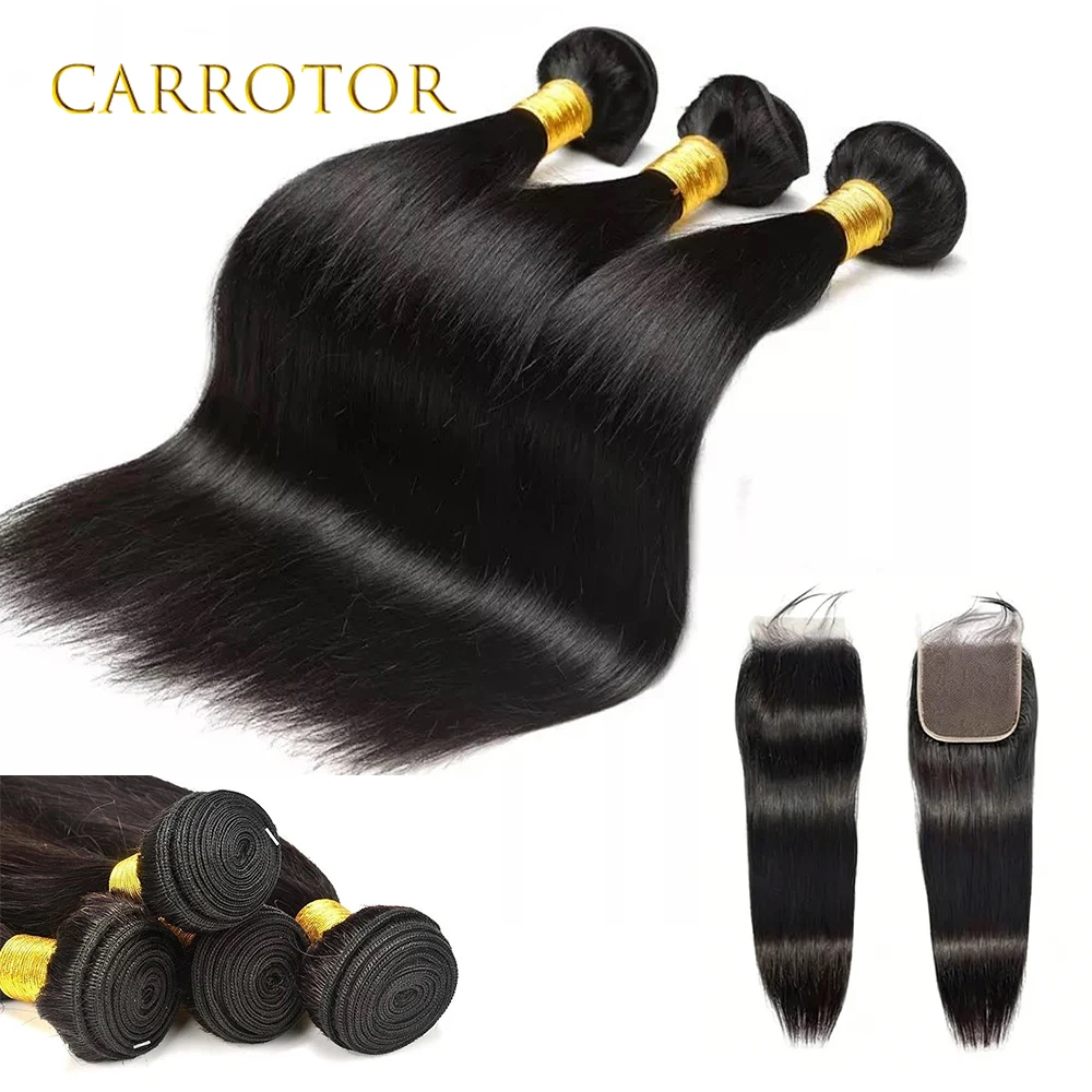 

Натуральные прямые пучки человеческих волос черного цвета с заколкой 4x4, необработанные бразильские волосы для наращивания, 3 пучка для женщин