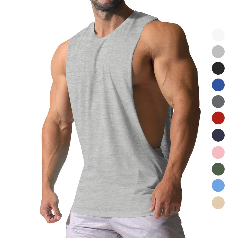 Summer Men's Wide Shoulder Vest Solid Color Sports Side Large Split Loose Vest Sleeveless Vest