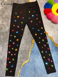 Leggings de strass com cintura elástica feminina, moda streetwear justa, indústria pesada, cor, roupas de inverno, nova moda, 2023