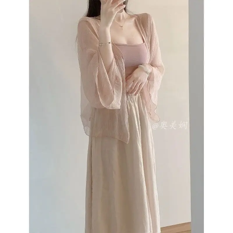 2024 Sunscreen Cardigan Women Summer Thin Perspective Long Sleeve Crop Tops Female Simple Casual Basic Solid Ice Silk Cardigans