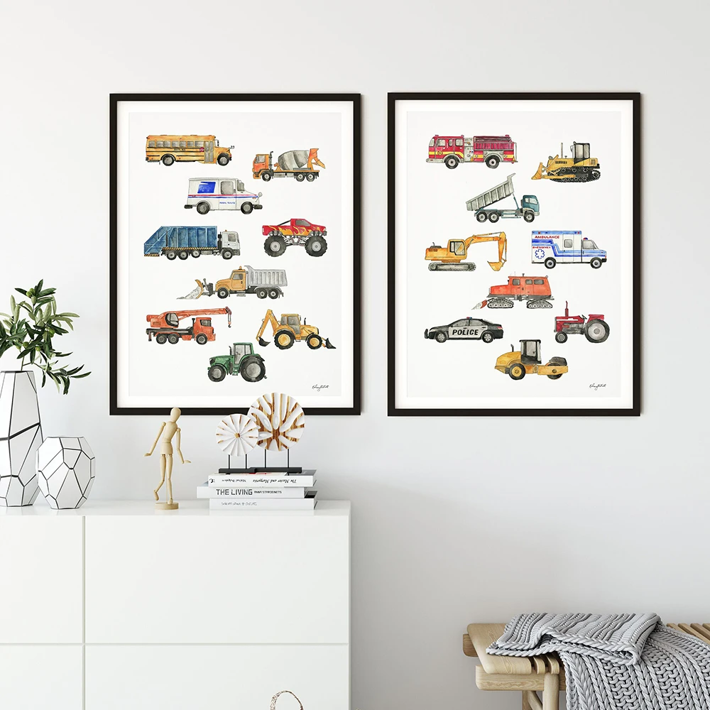 Construction Vehicles Watercolor Art Canvas Painting Kids Room Decor Dump Truck Digger Bulldozer Posters and Prints Boys Gift