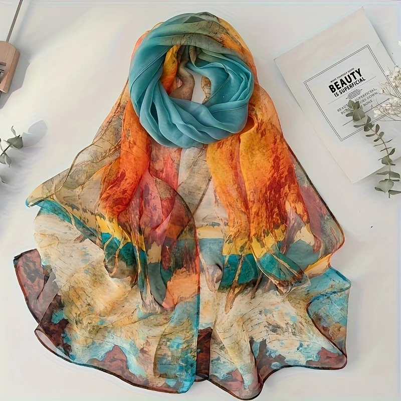 Bohemian Style Scarf for Women, Elegant Birch Forest Print Chiffon Scarf, Beach Sun Protection, Suitable for Gift Giving or Personal Use