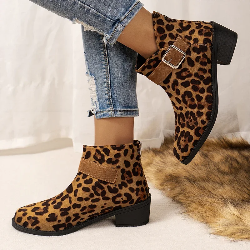 Leopard Suede Ankle Women Chelsea Boots Mid Heels Retro Shoes Designer 2024 Winter New Motorcycle Boots Gladiator Mujer Zapatos