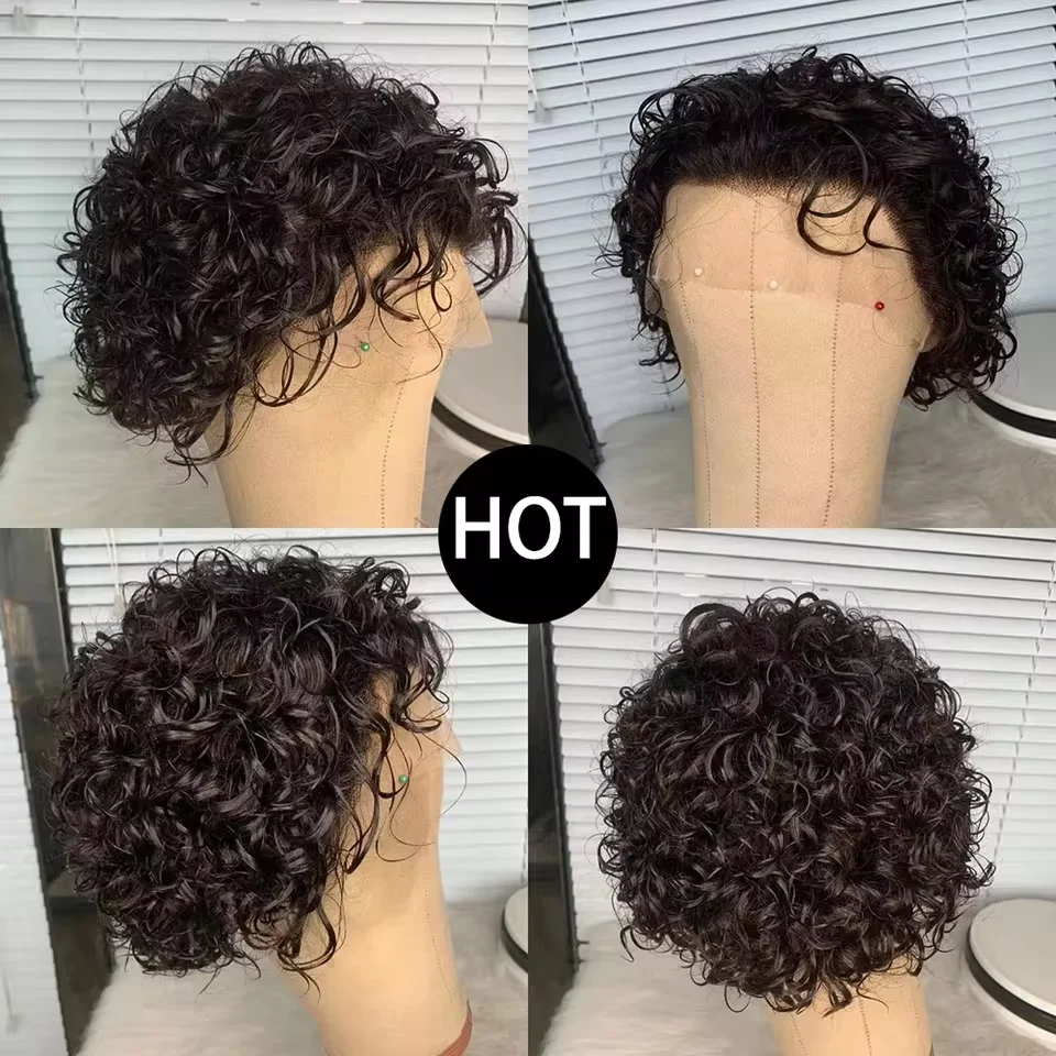 Pixie Cut Wig 13x1 Lace Frontal Wigs Curly Wave Short Bob Human Hair Wigs Natural Black Color Curly Lace Front Wig For Women